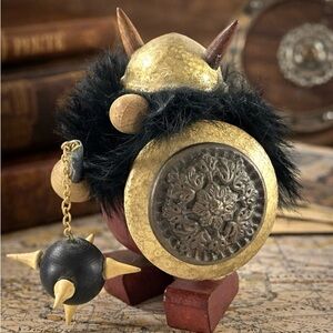 Vintage Viking Warrior Figurine Wood Fur Helmet Mace Shield Scandinavian 4”